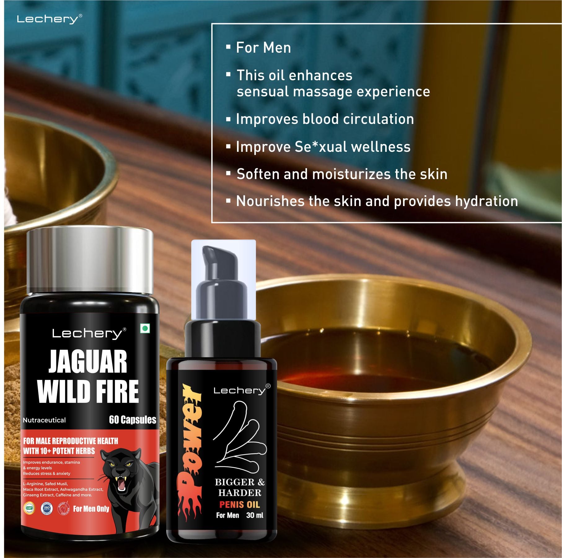 Lechery Jaguar: Men's Wellness Capsules & Herbal Massage Oil.