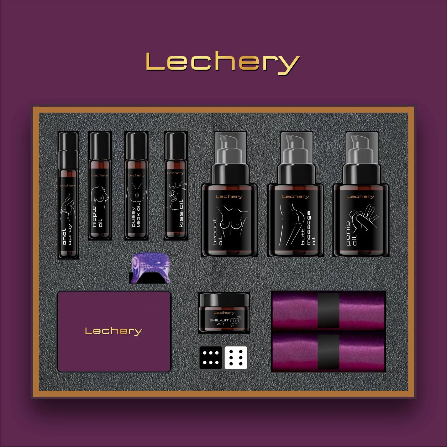 Lechery Edible Melting Love Romance Box - Honeymoon Kit | Couples Sensual Kit - Intimate Gift | All Organic Edible Sensual Massage Oils, Shilajit Resin, Blild-fold, Vibrating Ring, Sansual Intimate Games & Hygiene Wipes | Fun Travel Kits For Lovers